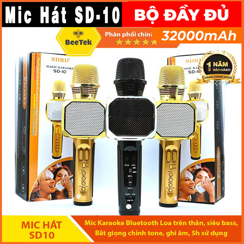 Mic Hát karaoke kết nối Bluetooth không dây SD-10 micro không dây, micro karaoke bluetooth, micro live stream, micro không dây bluetooth Đèn Led theo nhạc