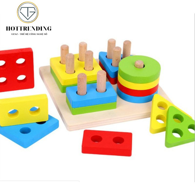 Bộ thả hình khối 4 cọc trụ bằng gỗ, đồ chơi trí tuệ cho bé học hình khối, học màu sắc