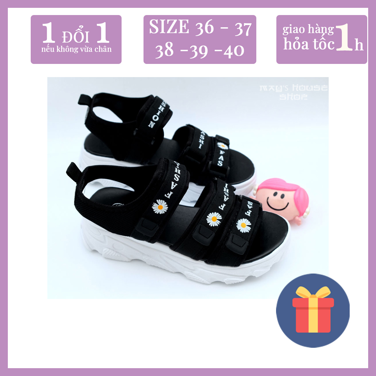 Sandal hoa cúc màu đen giày quai hậu hoa cúc màu đen dành cho con gái - May House Shop