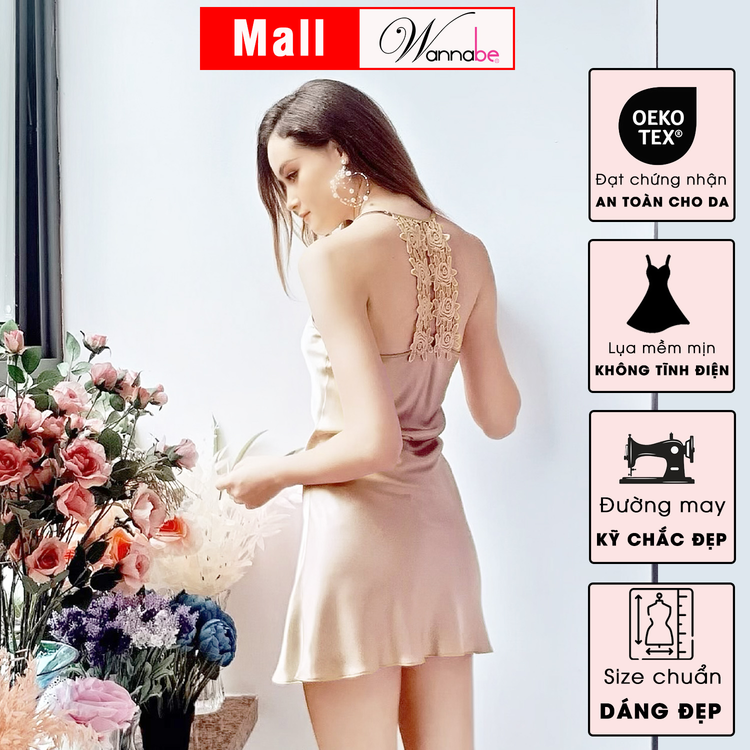 Váy ngủ phi luạ WANNABE DNS07 váy ngủ 2 dây khoét lưng ba lỗ phối ren hoa nữ tính, gợi cảm