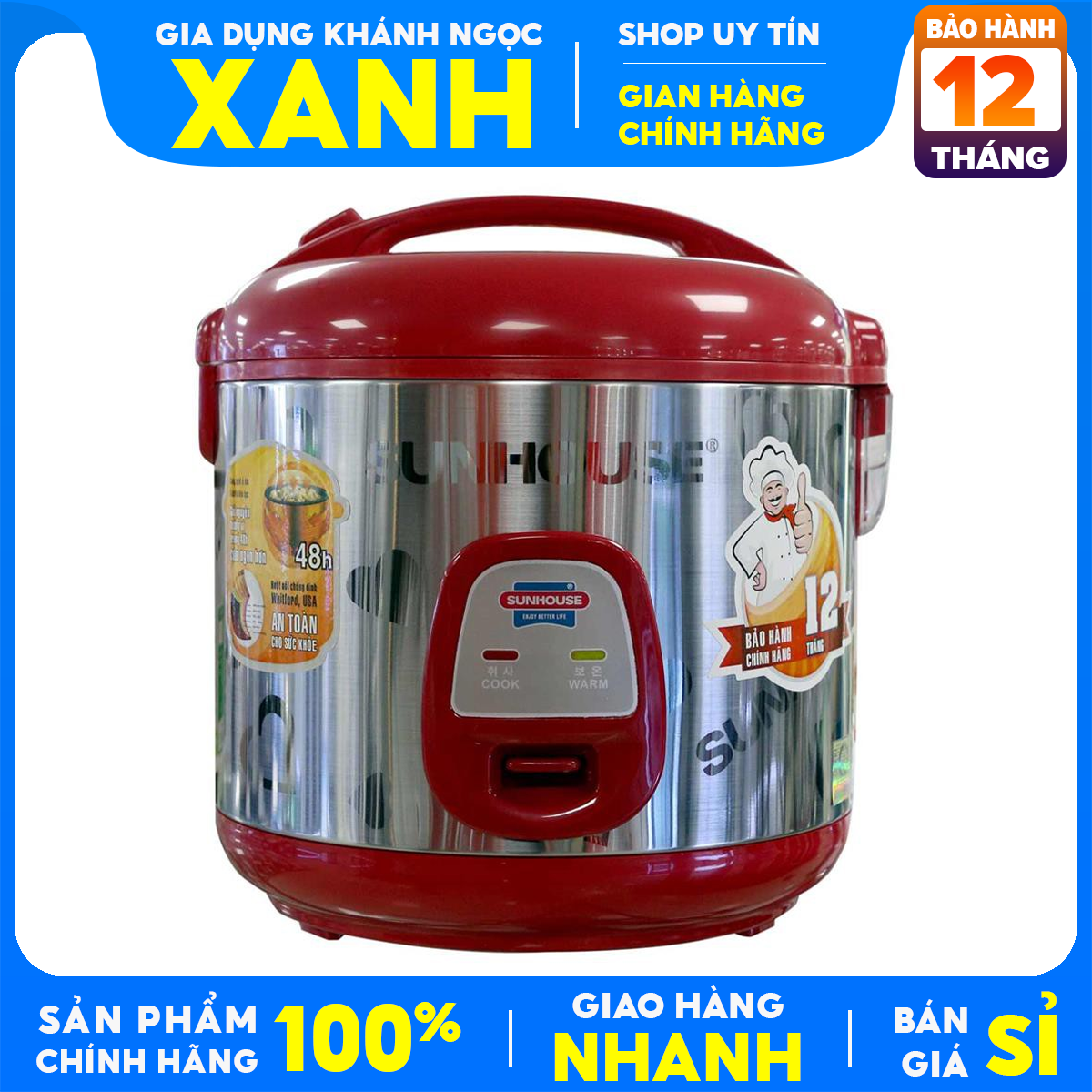 Nồi cơm điện Sunhouse 1.8 lít SHD 18S Trưng bày Mới 98-99% thích hợp cho 4-6 người ăn.Lòng nồi 2 lớp phủ chống dính Bảo Hành 12 Tháng