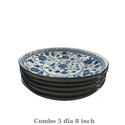 Combo 5 đĩa gốm sứ hoa cổ cao cấp, Dĩa gốm sứ hoa văn 20cm, bát tô đĩa gốm sứ