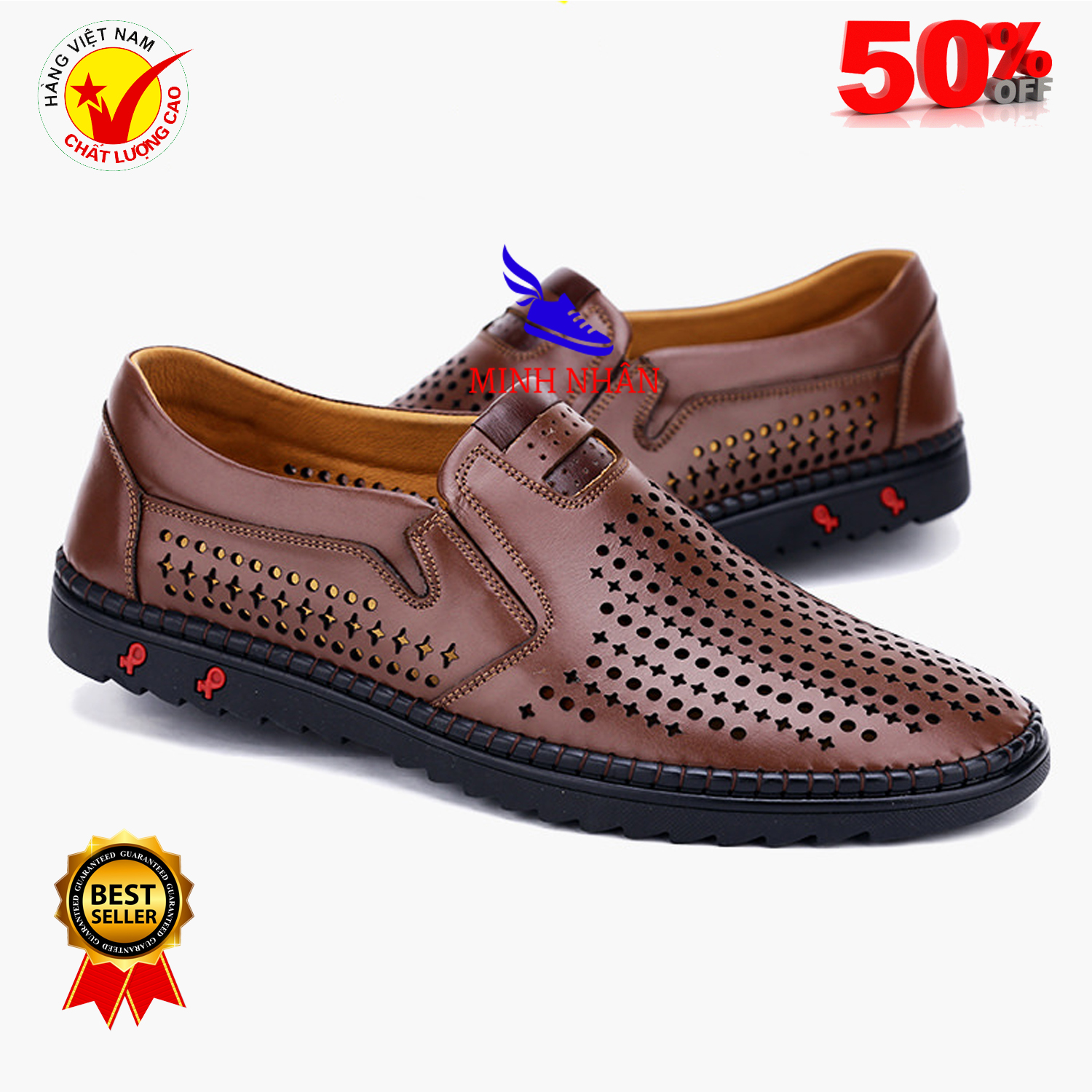 Minh Nhân - Giày mùa hè nam da bò giày đục lỗ thoáng khí mẫu mới nhất giày lười nam da bò giày mọi nam Slipon da bò cao cấp thời trang hàng hiệu giá rẻ H-10 màu nâu