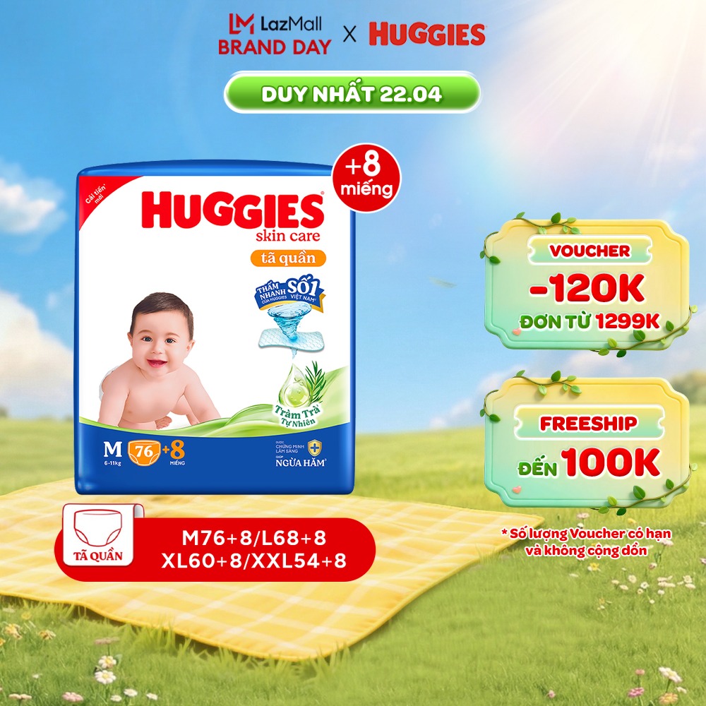 Tã/bỉm quần HUGGIES SKINCARE gói M76+8/L68/XL60/XXL54