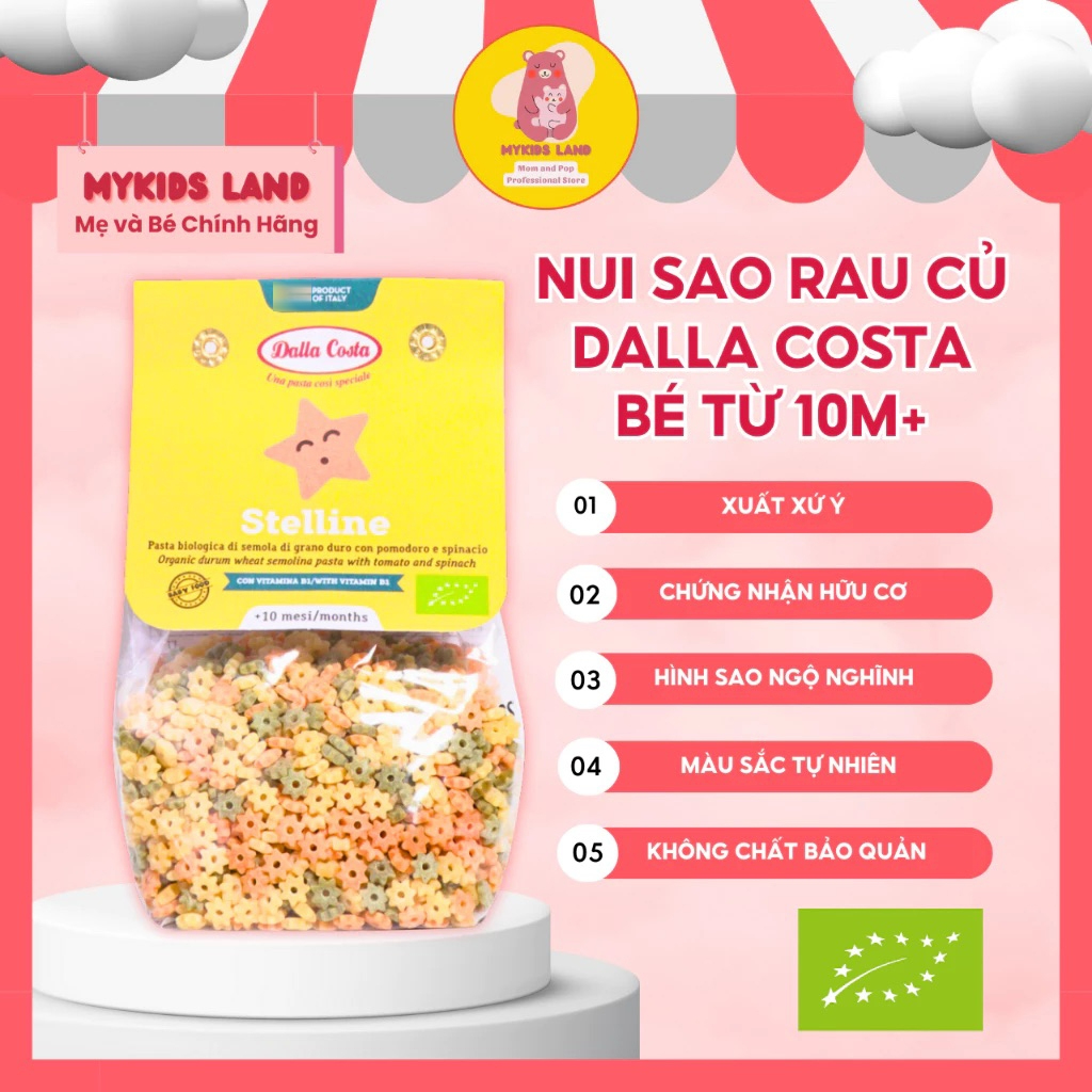 Nui Sao Rau Củ Hữu Cơ Dalla Costa Cho Bé Ăn Dặm Từ 10M+ Túi 200g - Chiết 100g Dùng Thử