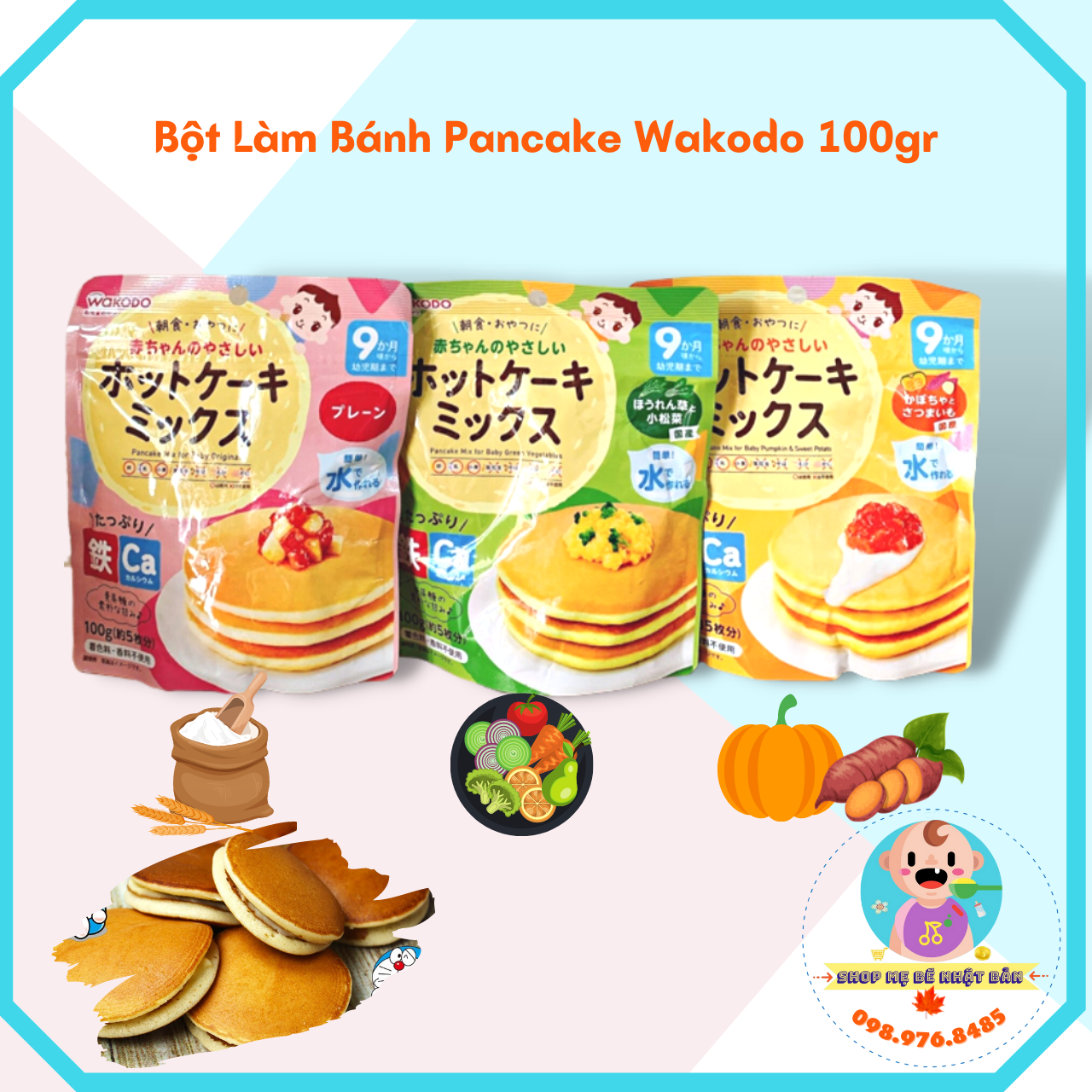 Bột làm bánh pancake wakodo 100gr | bột làm bánh doremon cho bé 9m+