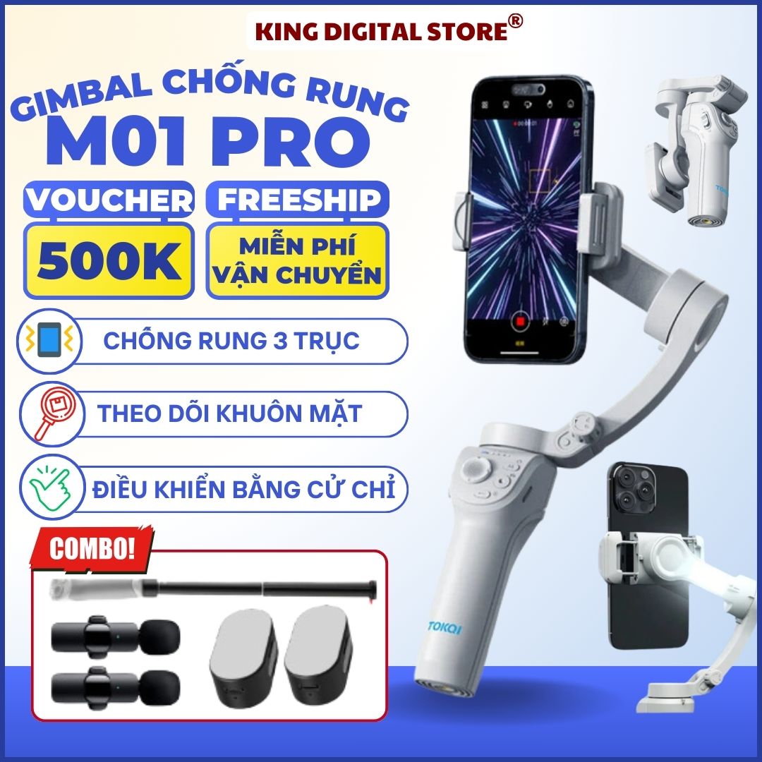 Gimbal Chống Rung 3 Trục Điện Thoại TOKQI M01, Gymbal 360 Độ Gậy Chụp Ảnh 3 Chân Quay Theo Dõi Khuôn Mặt, Điều Khiển Cử Chỉ, Gậy Gimball AI Chính Hãng