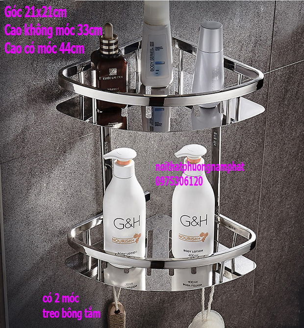 CÔNG NGHỆ ĐÁNH BÓNG ĐẸP Kệ Góc 2 Tầng Đựng Sữa Tắm Dầu Gôị 100% INOX 304 Trong Nhà Tắm KG3 KỆ GÓC Thanh 2 TẦNG CÓ MÓC TREO BÔNG TẮM kệ nhà tắm