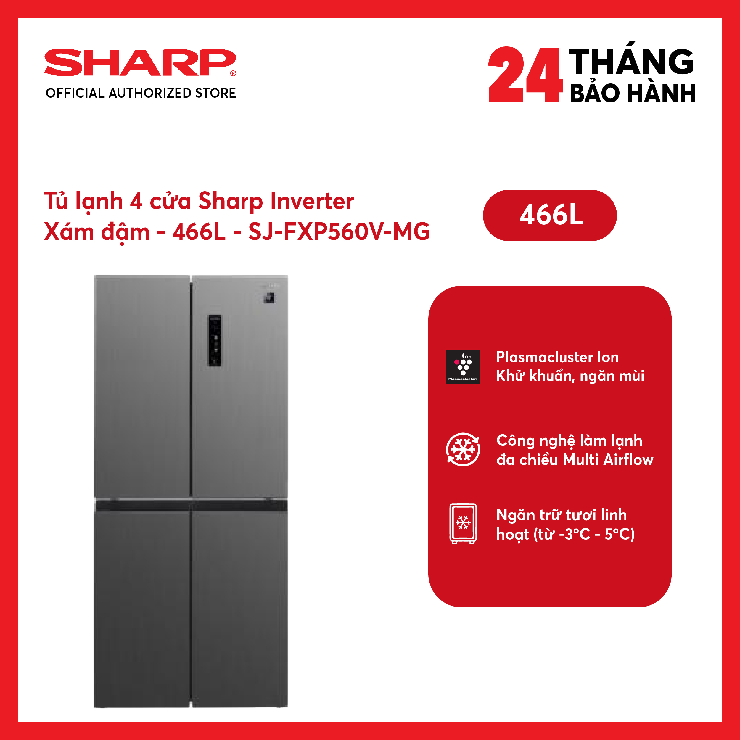 [MODEL 2026][FreeSHIP COD + Lắp Hà Nội] Tủ lạnh Sharp Inverter 4 cánh 466 lít SJ-FXP560V-MG
