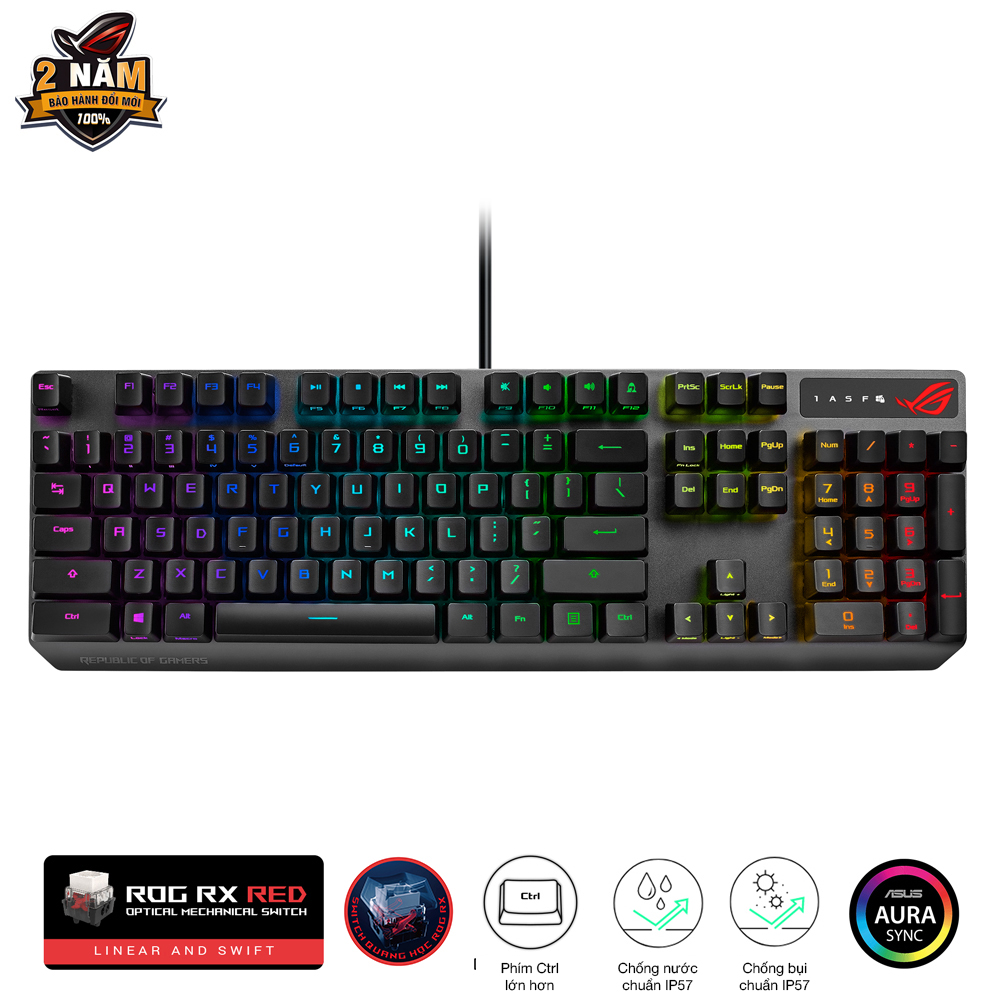 Bàn phím cơ chơi game fps ROG Strix Scope RX phím Ctrl lớn switch cơ quang học ROG RX kháng nước bụi IP56 khung nhôm RGB Aura Sync