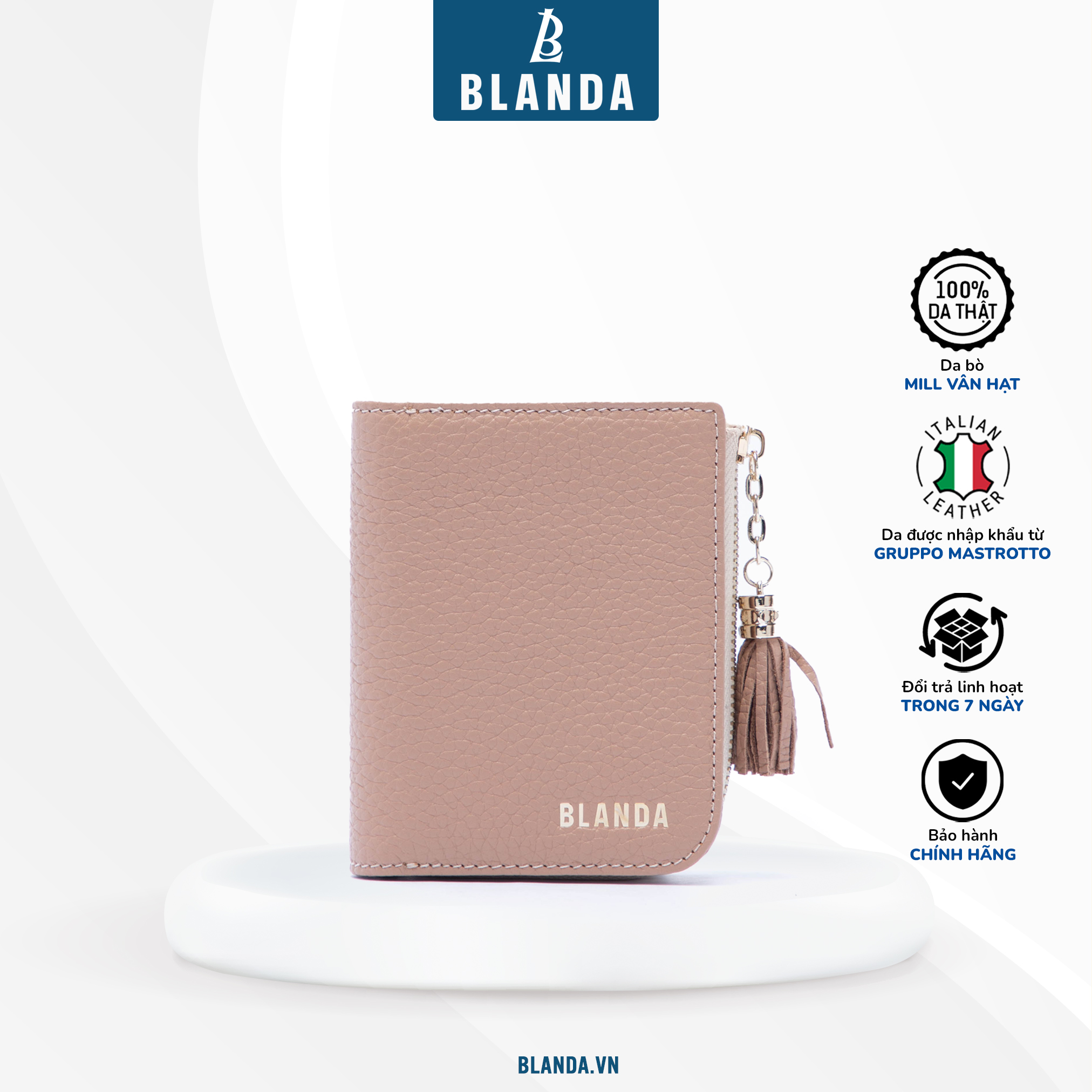 Ví mini gập đôi có dây kéo Blanda chất liệu da bò 9VNBH63
