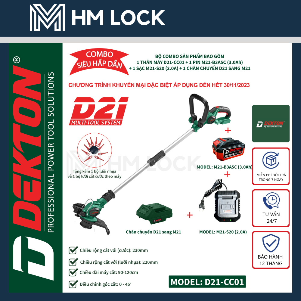 COMBO MÁY CẮT CỎ DÙNG PIN 21V DEKTON DÀI 90-120CM (1 PIN 3AH + 1 SẠC) - KÈM 1 CUỘN LƯỠI CƯỚC + 10 ĐĨA CẮT  - HÀNG CHÍNH HÃNG - D21-CC01