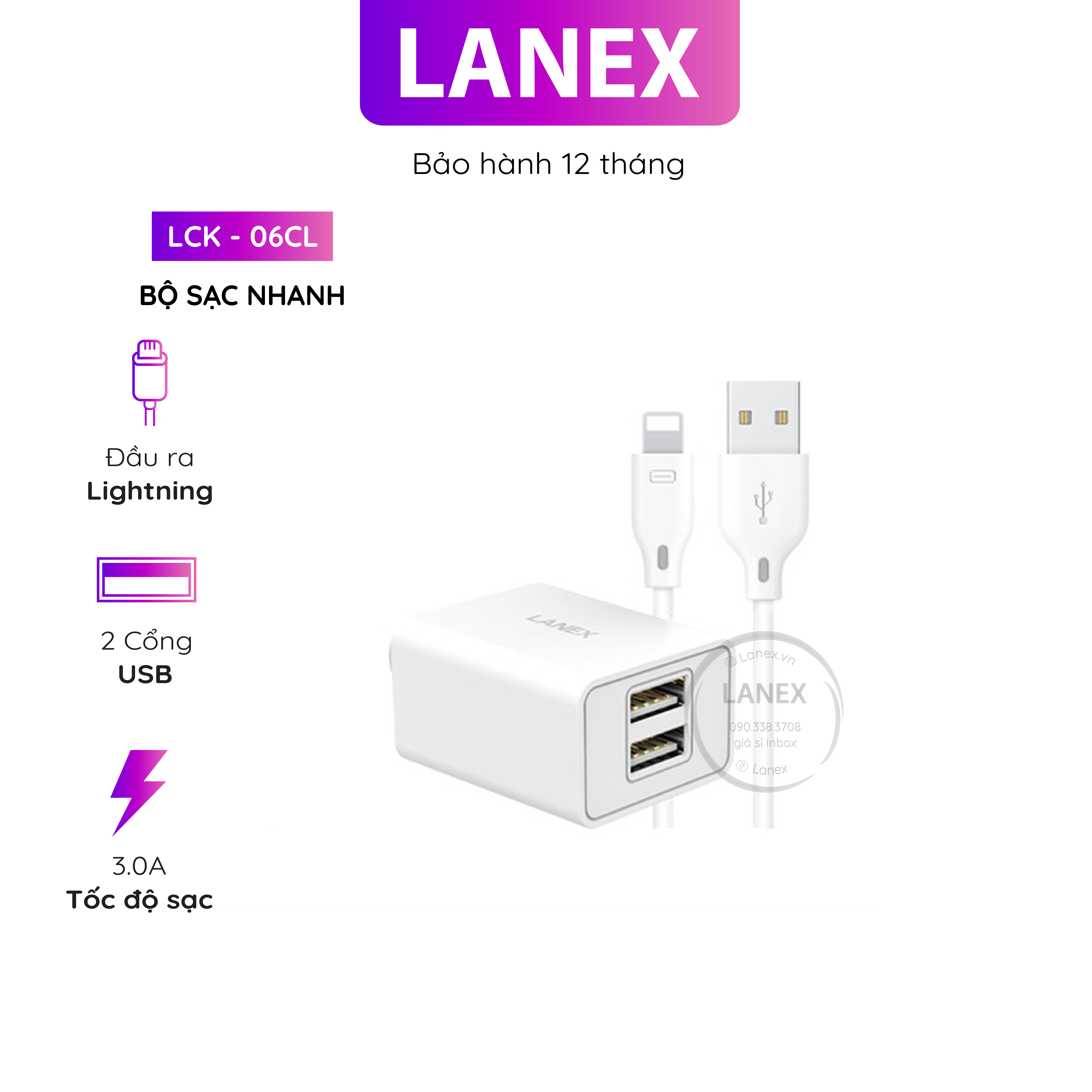 Bộ sạc nhanh lanex lck - 06cl 2 cổng usb lightning 3.0a dài 1.0m