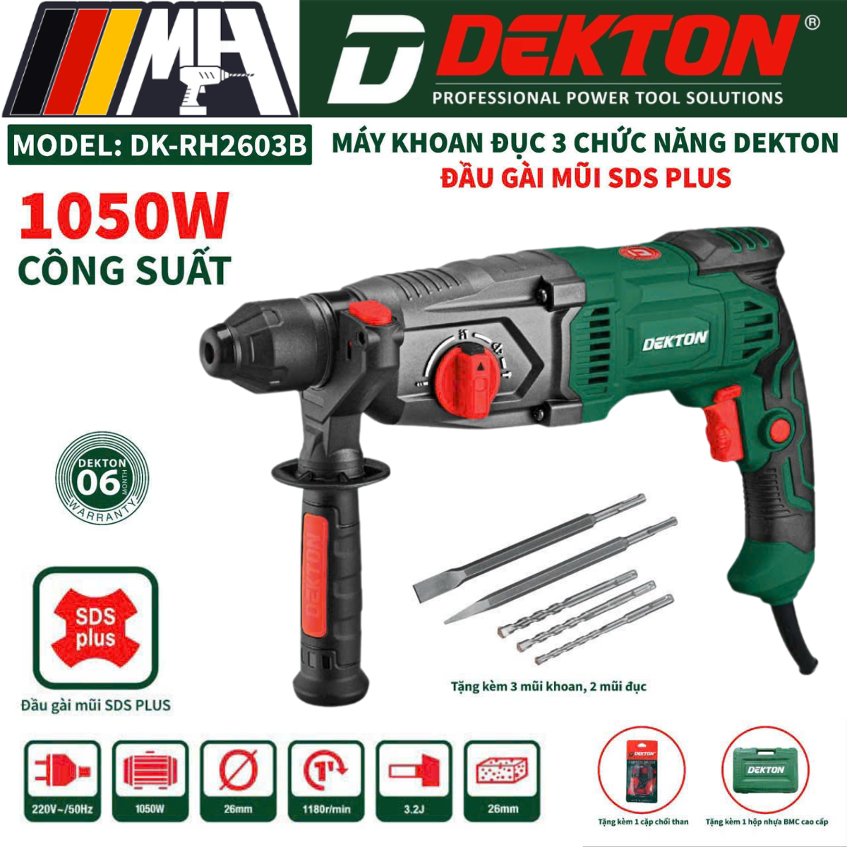 Máy Khoan Bê Tông Dekton DK-RH2603B - 3 Chức Năng - Công Suất 1050W - Hộp Nhựa Đựng Máy