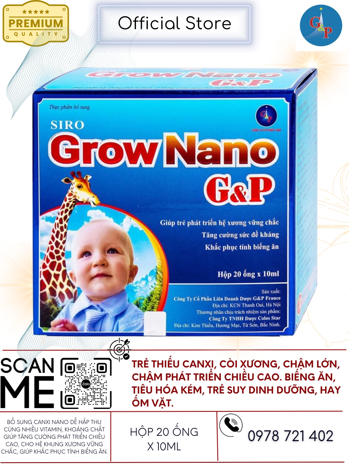 Siro grow nano g&p giúp trẻ phát triển hệ xương, tăng đề kháng, hộp 20 ống x 10ml