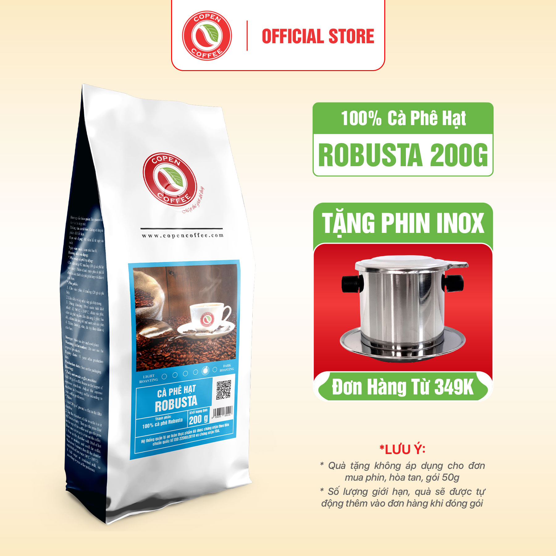 Cà phê hạt Robusta rang mộc nguyên chất - Copen Coffee 200G/GÓI - Gu truyền thống pha phin đắng đậm, thơm nồng