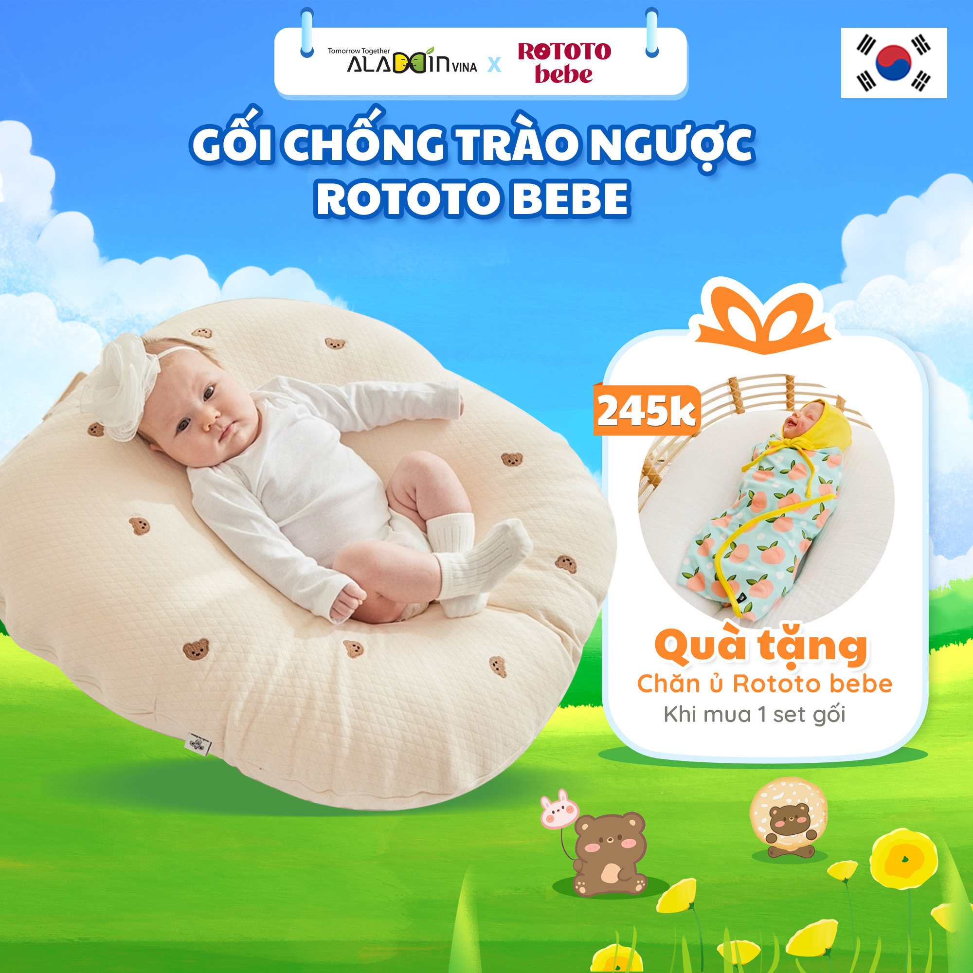 Gối chống trào ngược vải Cotton lụa cho bé Rototo bebe Nhập khẩu Hàn Quốc - ALADDIN VINA