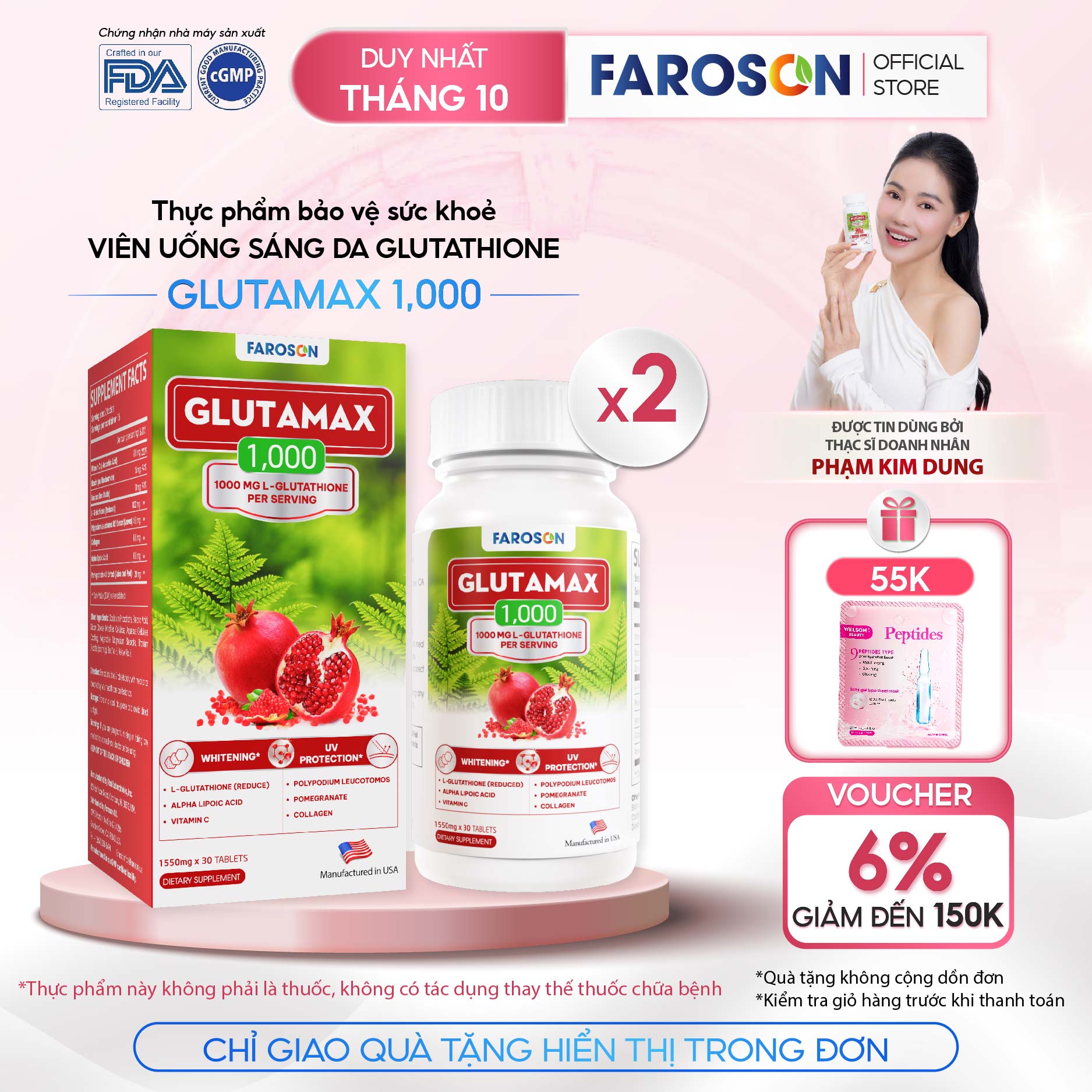 [2Hộp] TPBVSK Viên Uống Trắng Da Glutathione Faroson Glutamax 1000 Hỗ Trợ Sáng Da Mờ Thâm Nám Chống Nắng [2hx30v]