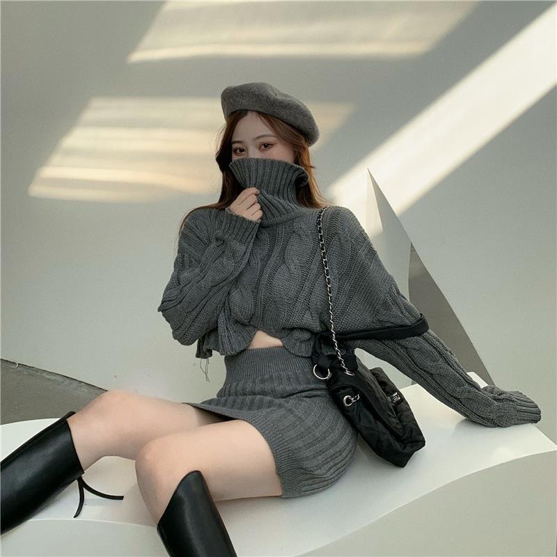 Set áo len cổ lọ dài tay + chân váy lưng cao thời trang Hàn Quốc mới năm 2021