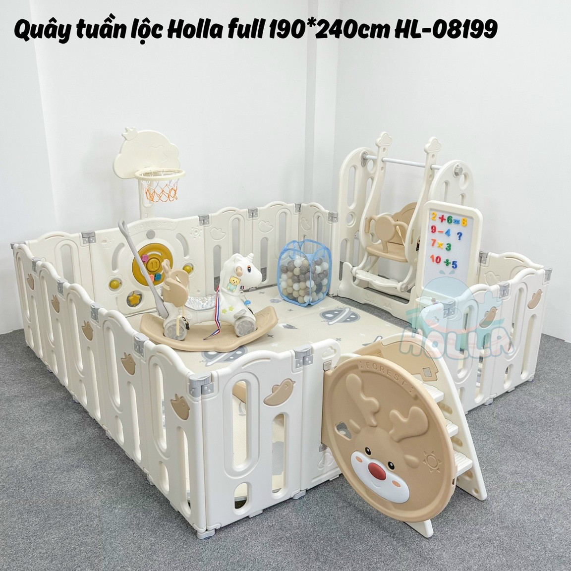 Full combo quây cũi nhựa gấp gọn tuần lộc holla hl-08199, cột bóng rổ, ngựa bập bênh, bộ cầu trượt xích đu, bảng vẽ cho bé