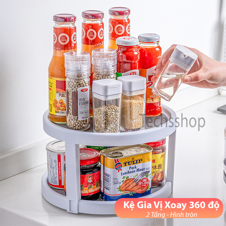 Kệ gia vị nhà bếp xoay 360 độ đa năng 2 tầng hình tròn - Đồ dùng nhà bếp nhà tắm phòng ngủ tiện lợi - Kệ để gia vị mắm muối chai lọ