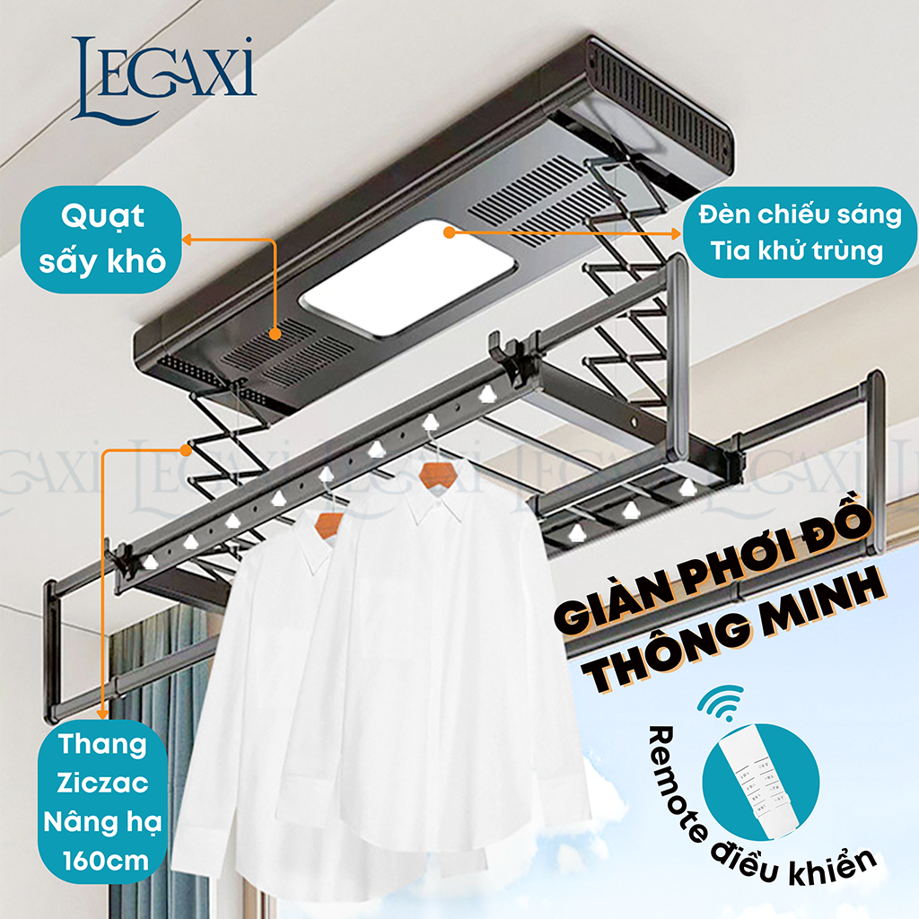 Giàn phơi quần áo gắn trần thông minh nâng hạ tự động gấp gọn điều khiển từ xa legaxi