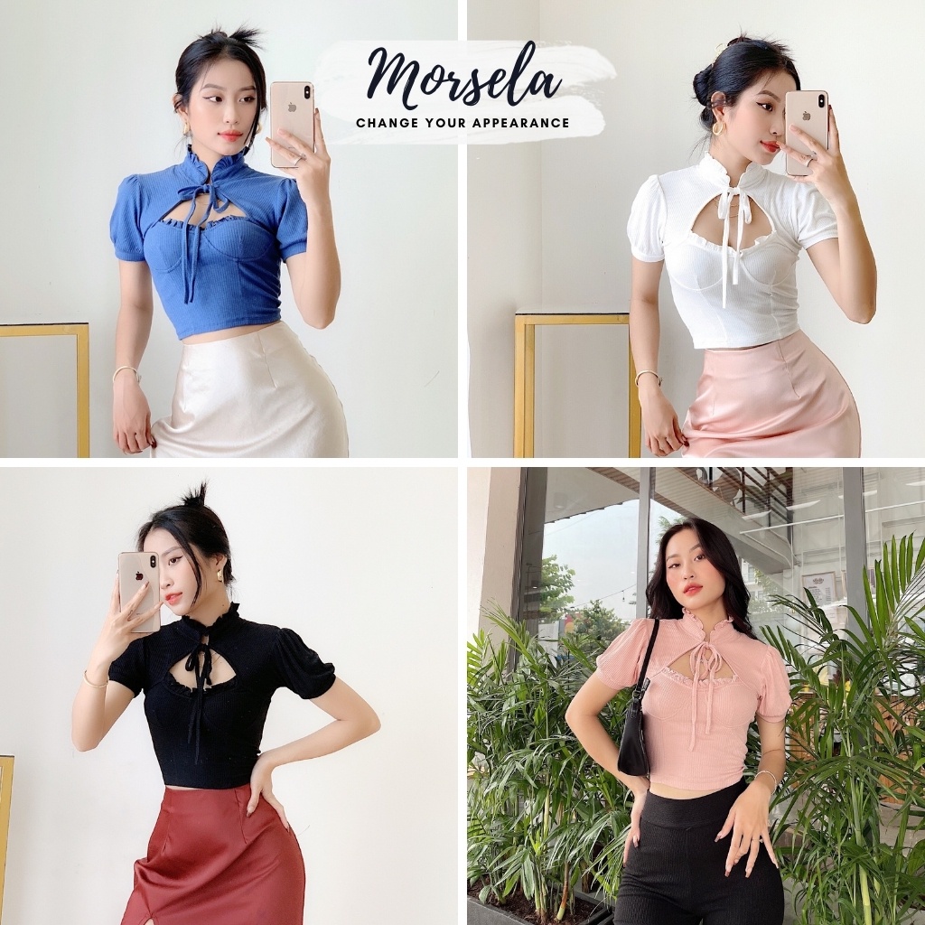 Áo croptop nữ tay phồng thắt Nơ cổ siêu xinh - áo crop top kiểu - Morsela