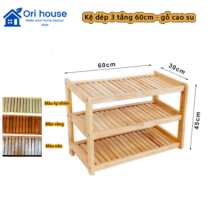 Kệ giày dép 3 tầng ngang 62cm gỗ cao su - kệ để dép - hàng lắp ráp - Ori House