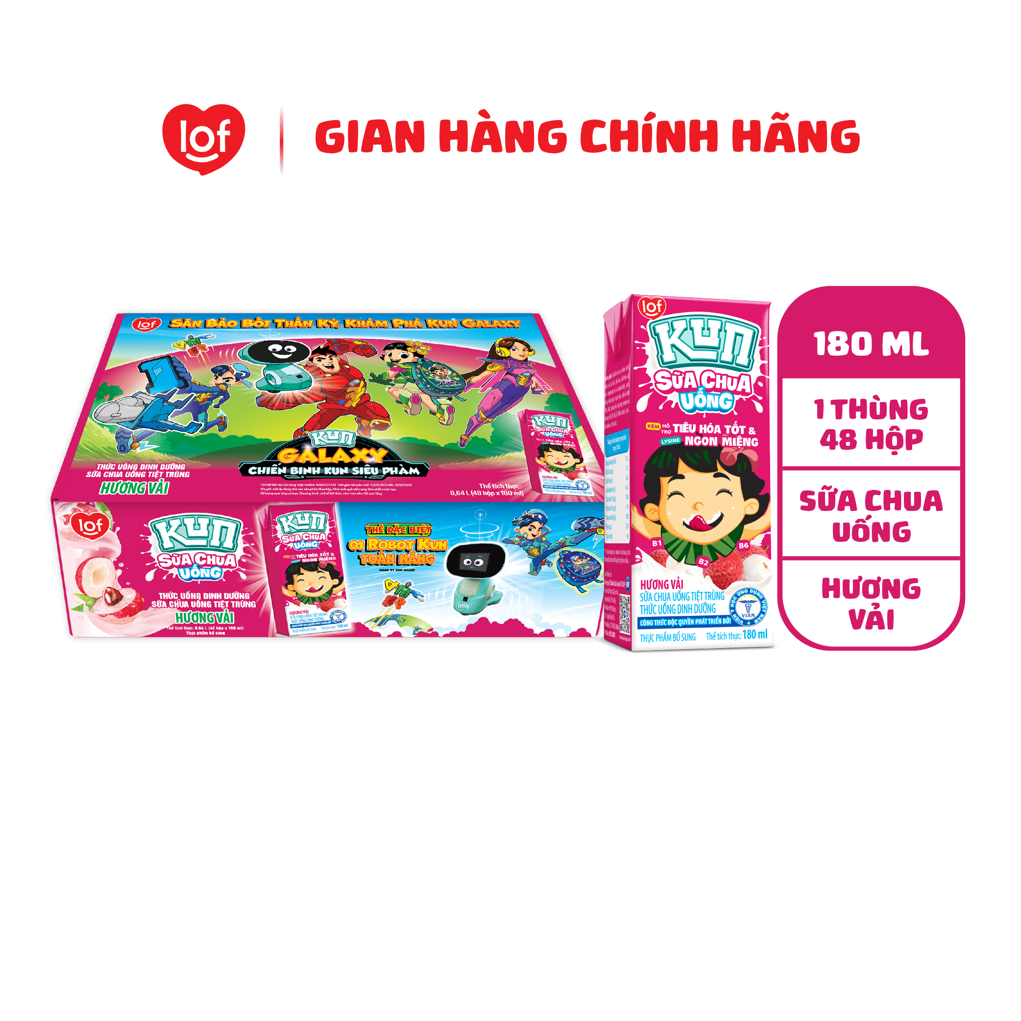 Kun sữa chua uống hương vải thùng 48 hộp x 180ml