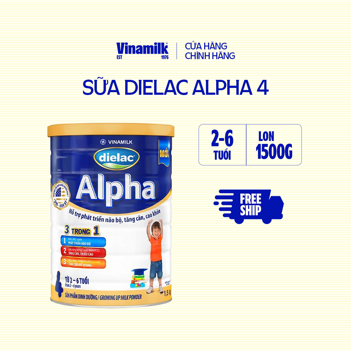 Sữa bột Dielac Alpha 4 1.5kg (cho bé từ 2- 6 tuổi) - Sữa công thức 3 trong 1 hỗ trợ phát triển não bộ, tăng cân chiều cao, tăng sức đề kháng cho trẻ