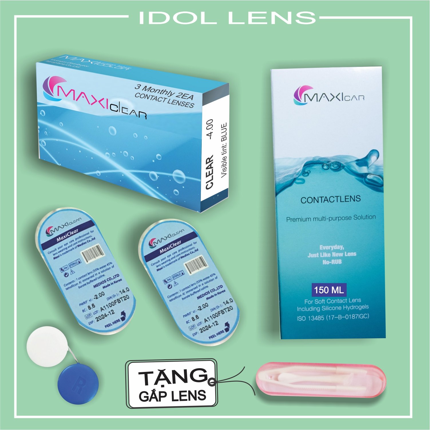 [HCM]Combo lens cận không màu 3 tháng sử dụng, nước ngâm lens 150ml gắp lens khay ngâm lens