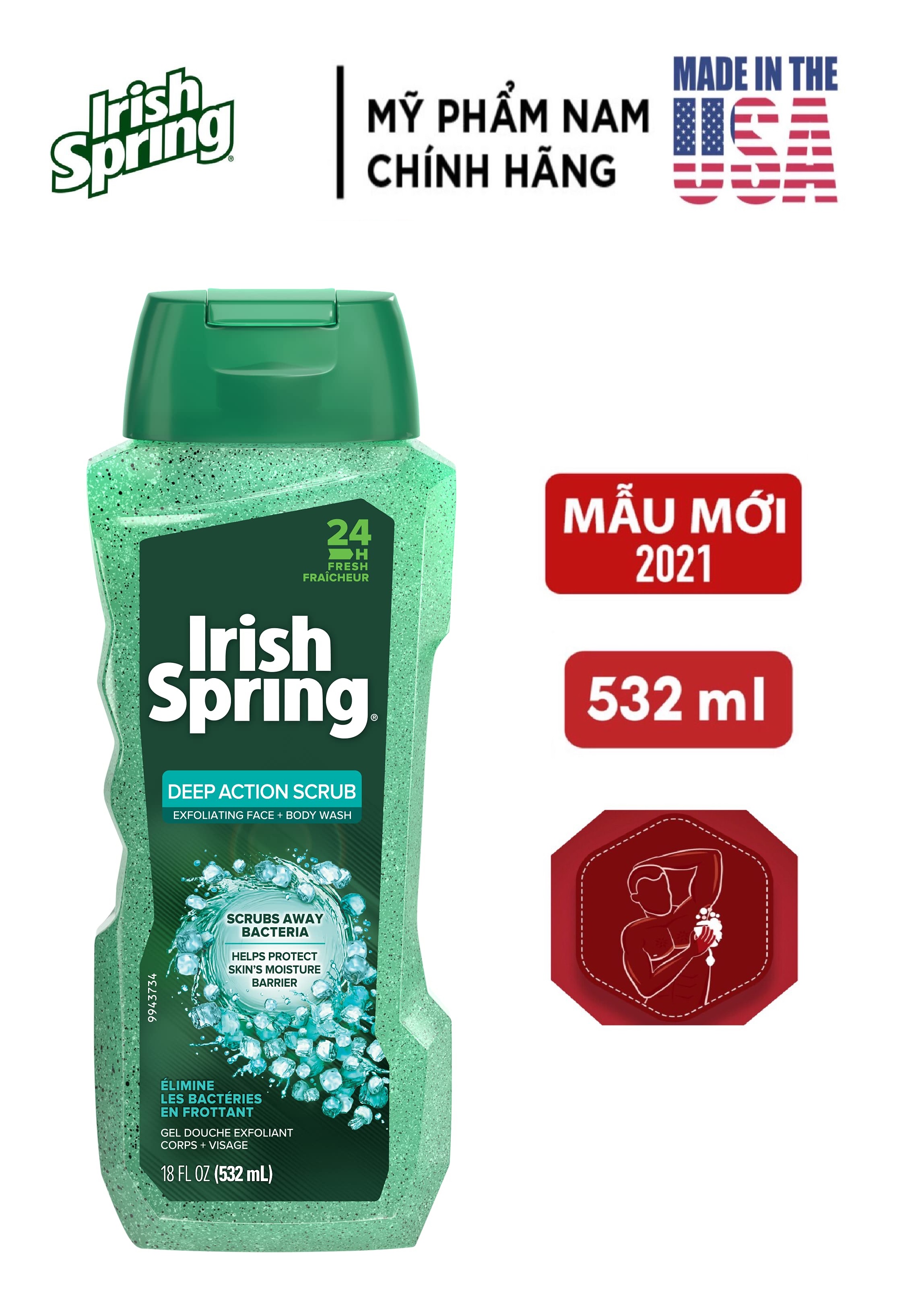 Sữa Tắm nam Irish Spring Deep Action Scrub 532ml có hạt matxa - Mỹ