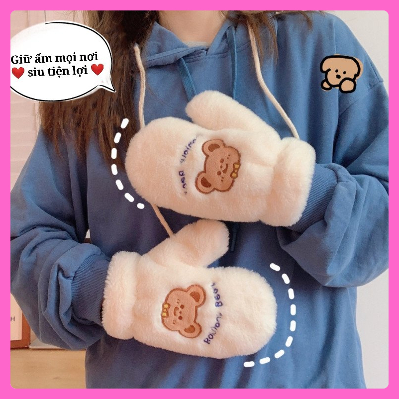 Bao tay nữ xinh xắn bằng nhung lông dày giữ ấm đi xe siêu tốt hình gấu thỏ dễ thương