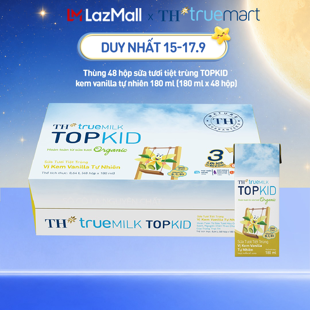 Thùng 48 hộp sữa tươi tiệt trùng TOPKID kem vanilla tự nhiên TH true MILK 180ml