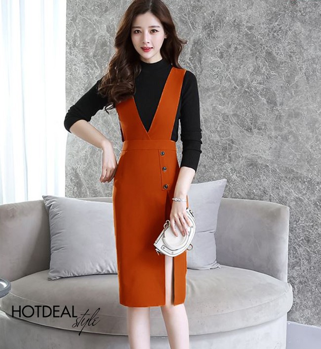 Chân váy yếm phối nút sang chảnh
