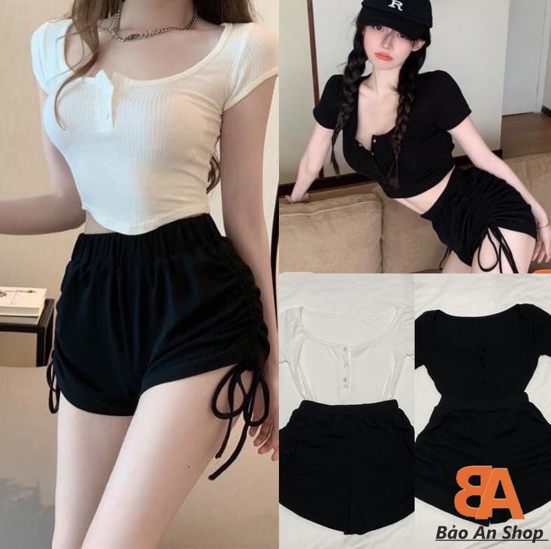 Sét bộ nữ áo croptop gân tay ngắn kèm quần rút dây đùi lưng thun
