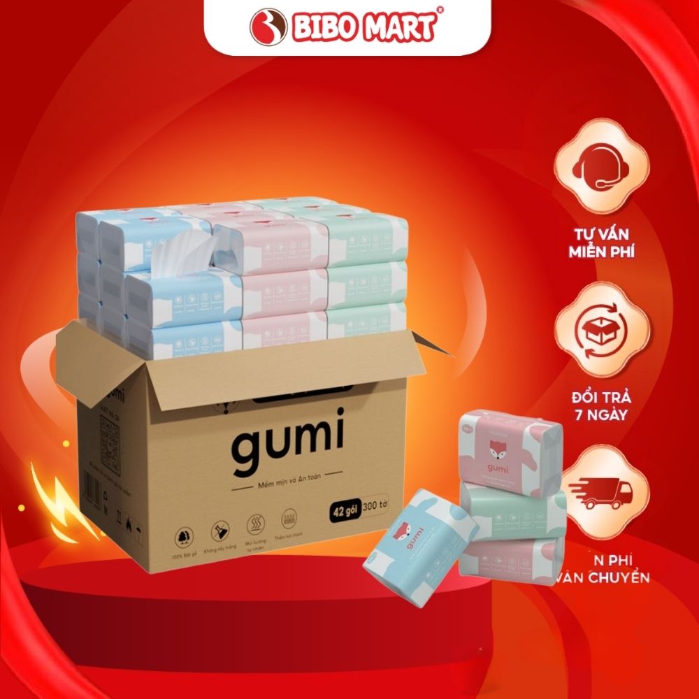 Thùng 42 Gói Giấy Ăn Cao Cấp Gumi 3 Lớp Mềm Mịn - Bibomart