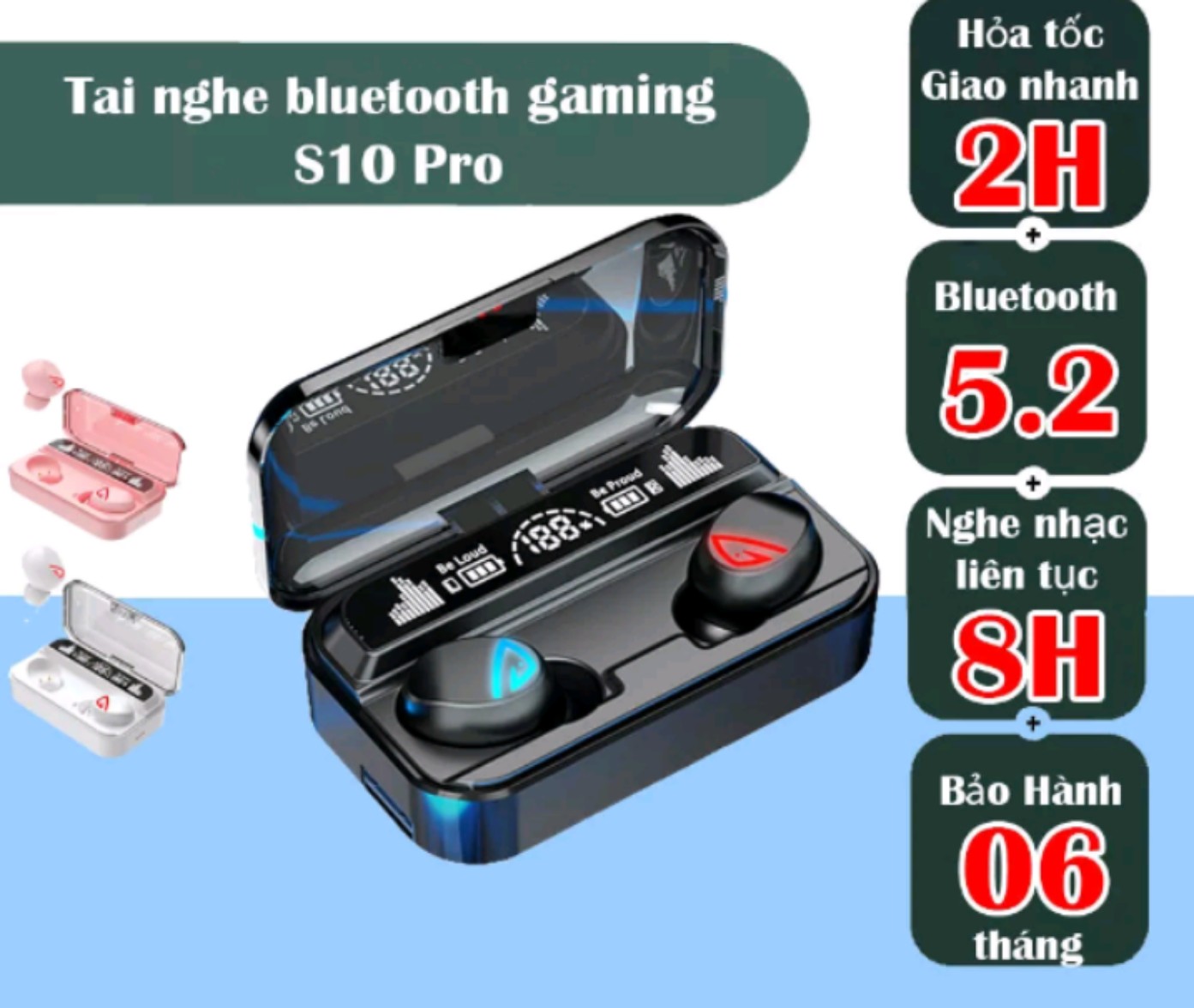Tai nghe bluetooth S10 Pro pin 8h, bass cực hay, hỗ trợ đàm thoại,kiêm sạc dự phòng