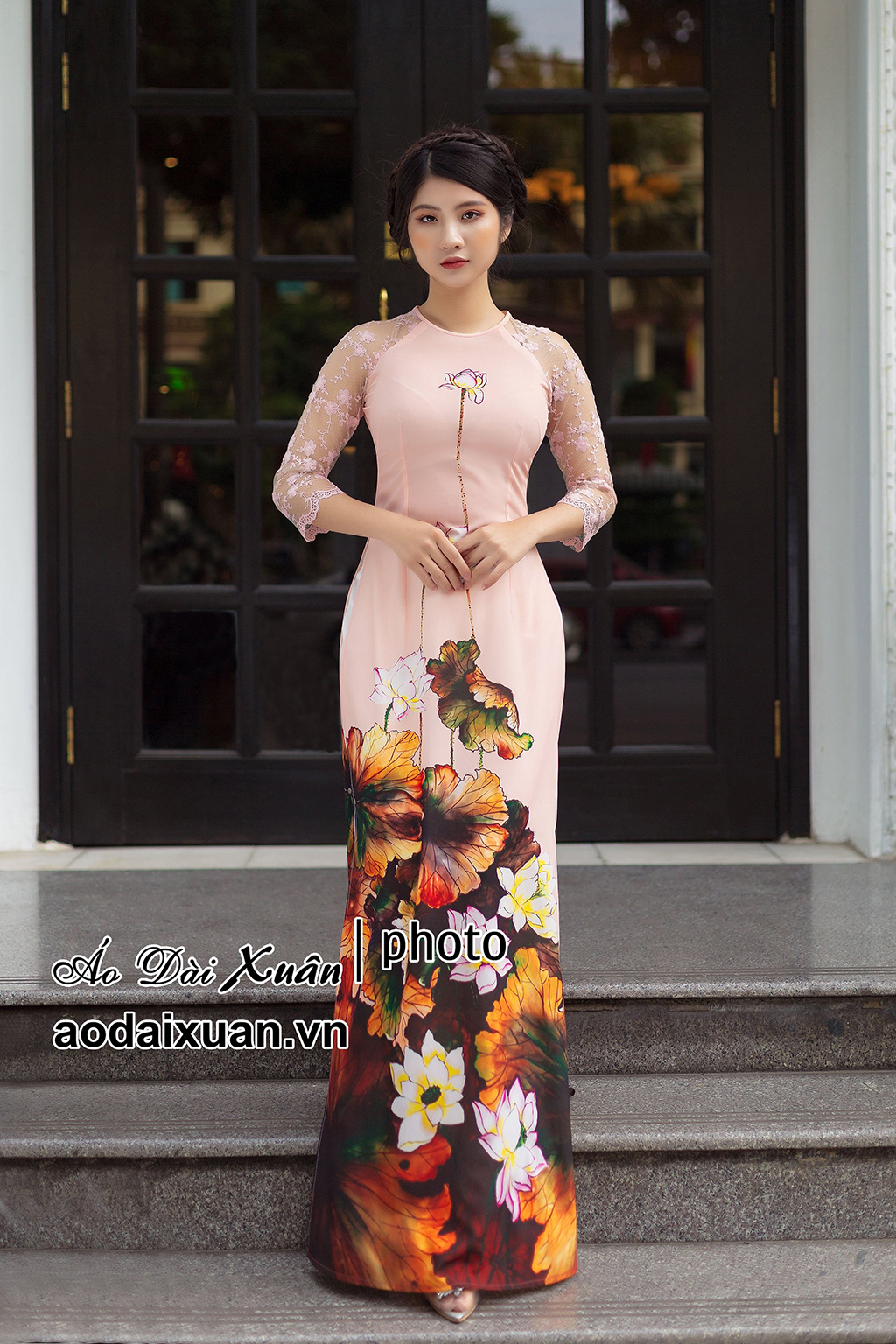Áo dài cam hồng hoa sen phối tay ren - 201207
