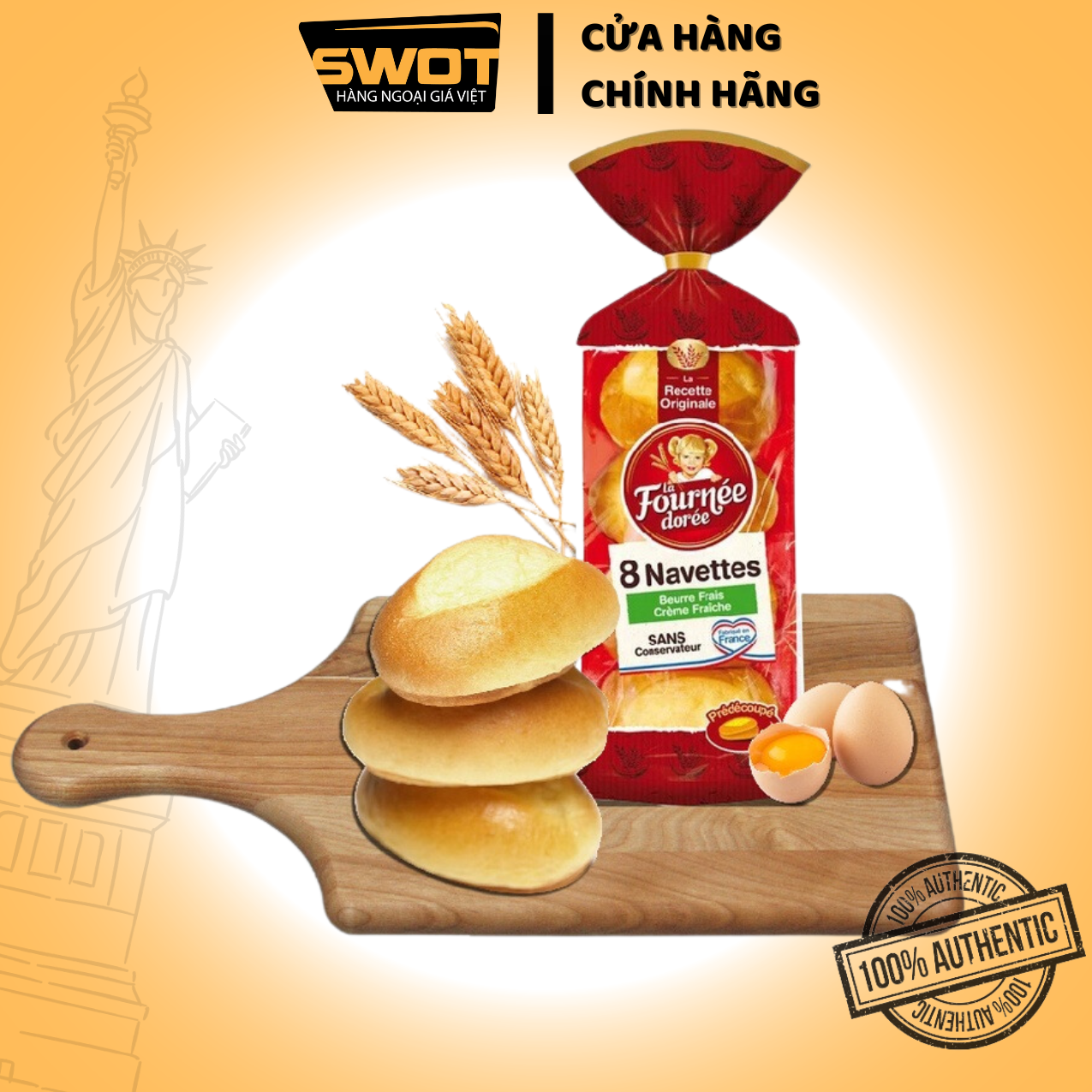 Bánh mì mini Pháp La Fournee Doree Navettes Cream, Túi 400g gồm 8 ổ bánh mì mini, ngọt nhẹ, thơm mùi bơ, chính hãng Pháp