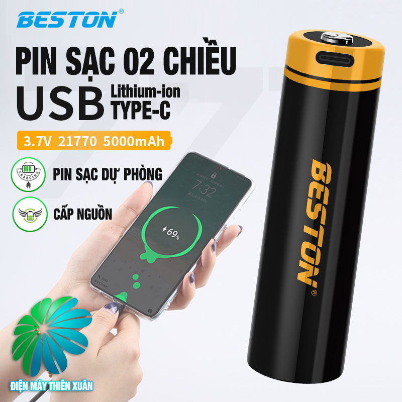 Pin Sac 21770 18500mWh cho đèn pin LED công suất cao Beston dòng xả lớn, pin dự phòng, xe điện 21770 (Kèm cáp sạc Type-C)