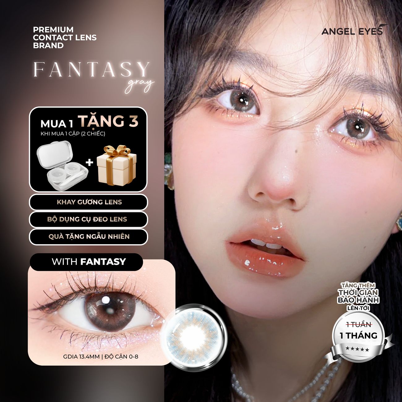 Voucher 150k đơn 499k- Nhập mã SANPHAMMOI10 Lens xám tự nhiên có độ cận 0-8 N’Rosa Fantasy Gray chất liệu Silicone Hydrogel cho mắt thở Angel Eyes phân phối (Kính áp tròng màu xám tự nhiên | Lens xám áp tròng không viền)