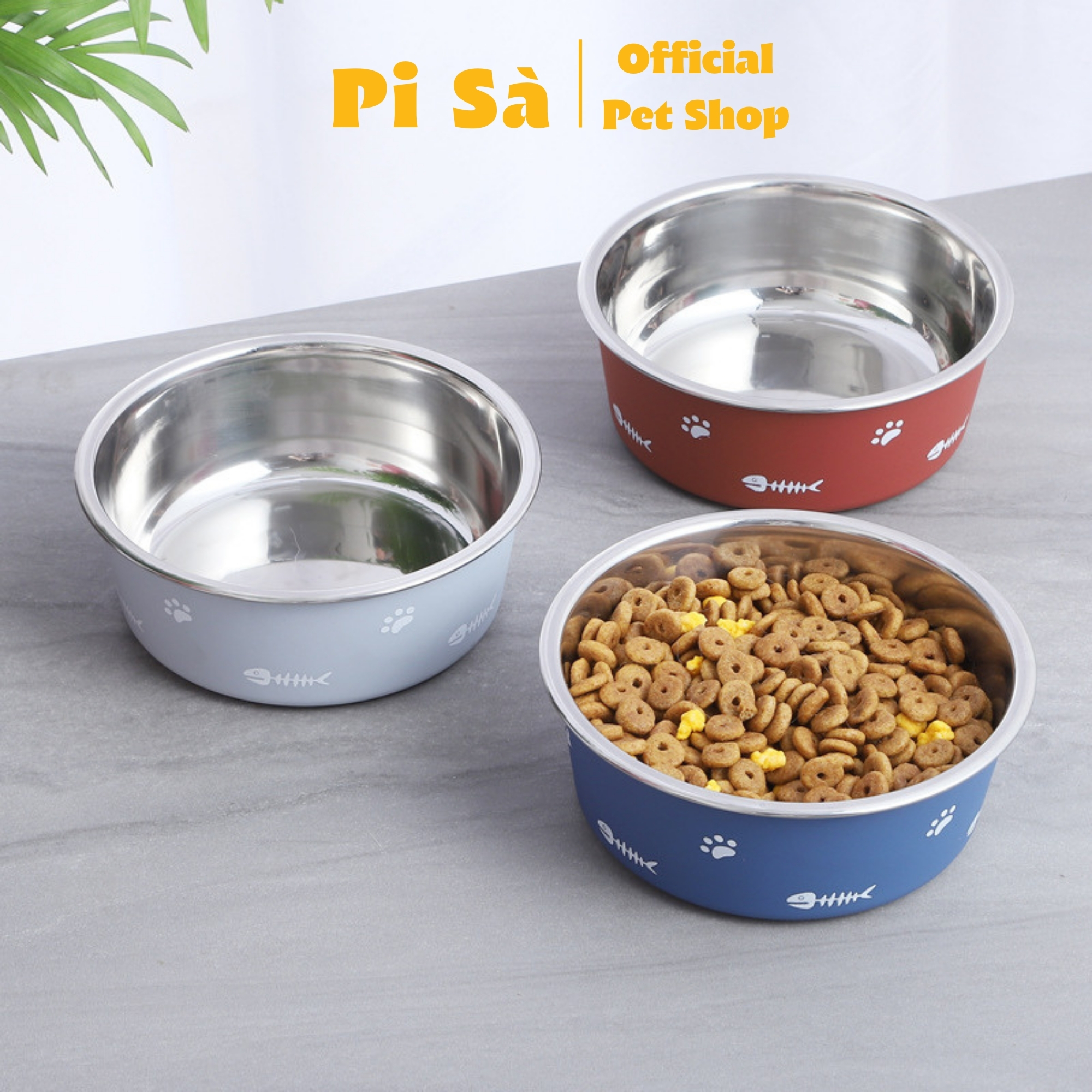 Bát ăn cho chó mèo có để chống trượt chất liệu thép không gỉ | BA01 | Hoạ tiết xương cá đủ size lớn nhỏ
