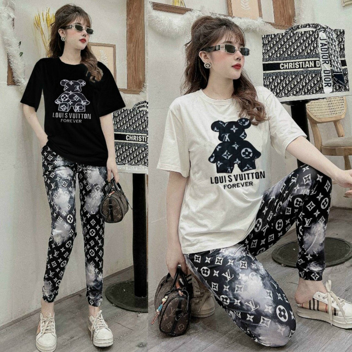 Đồ bộ thun form rộng chân bo thun áo thêu hoa mai