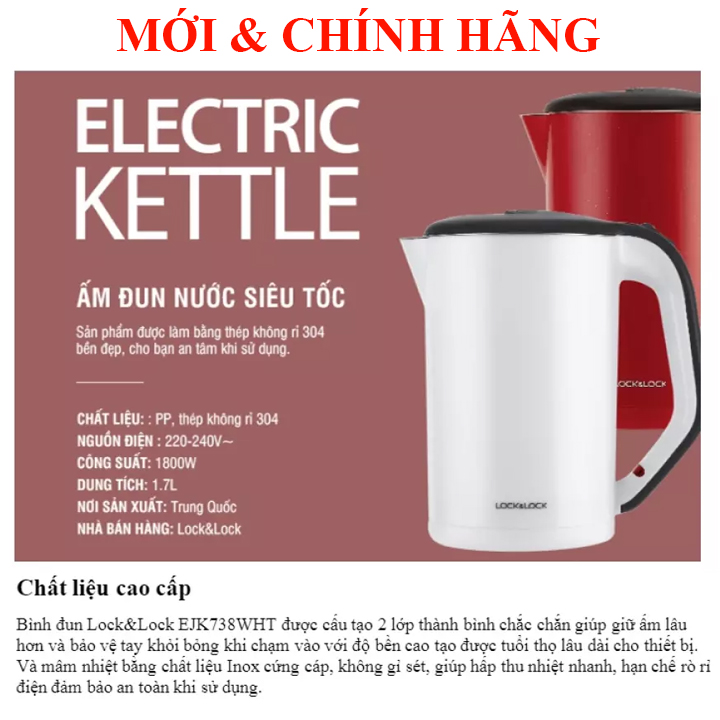 Ấm Bình Đun Siêu Tốc Lock&Lock 1.7L EJK738WHT, Xiaomi N1