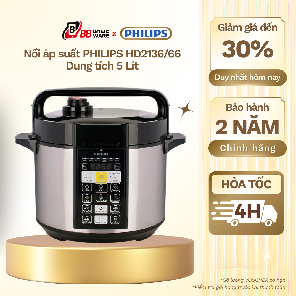 Nồi áp suất PHILIPS HD2136/66 Bạc và đen - Dung tích 5 Lít | Chế độ nấu ăn cài đặt sẵn | Điều khiển tiếng Việt - Chính hãng | Bảo hành 2 năm