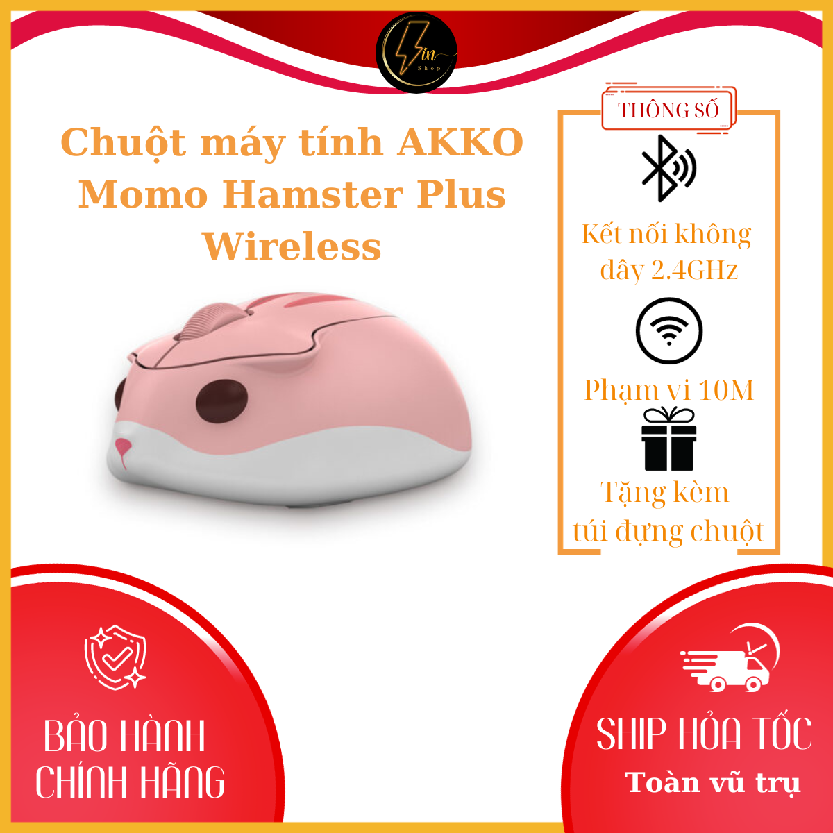 Chuột máy tính AKKO Momo Hamster Plus Wireless - pink - Thích hợp cho công việc văn phòng - Bảo hành 12 tháng