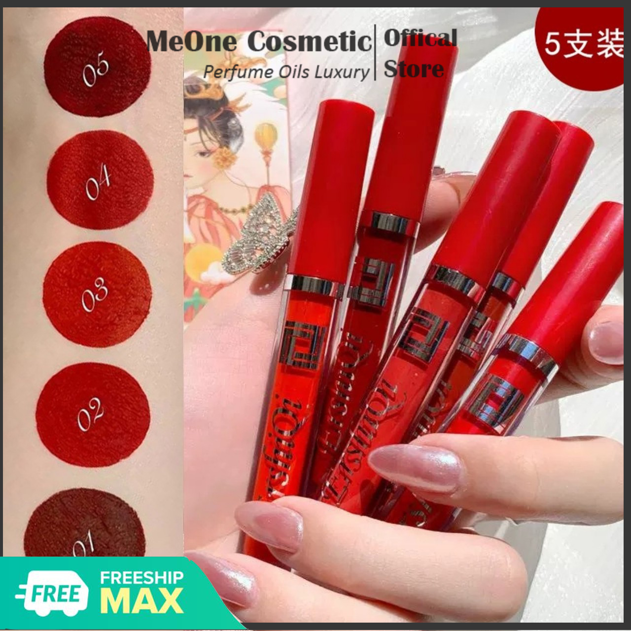 Set 5 cây son kem lì cô gái đỏ mugeleen - meone cosmetic - siêu phẩm son kèm lì lên màu đẹp lâu trôi