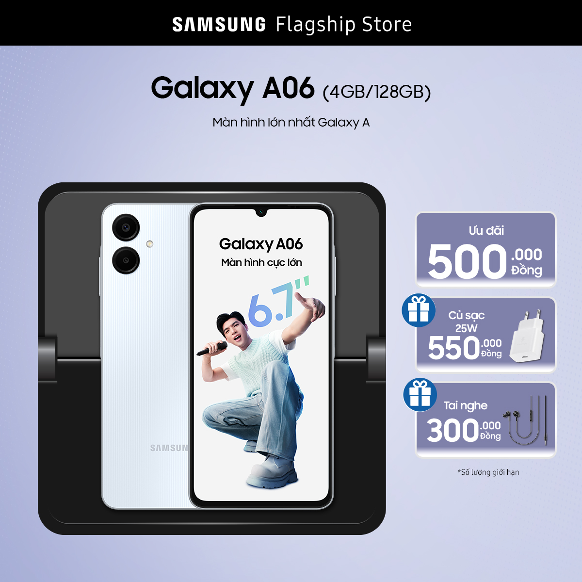 [SIÊU SALE GIỮA THÁNG 15-17.6] [QUÀ QUẤN KÈM HÀNG] Điện thoại Samsung Galaxy A06 (4GB/128GB), màn hình to rộng 6.7" 60Hz, mỏng nhẹ, hiệu năng mạnh mẽ