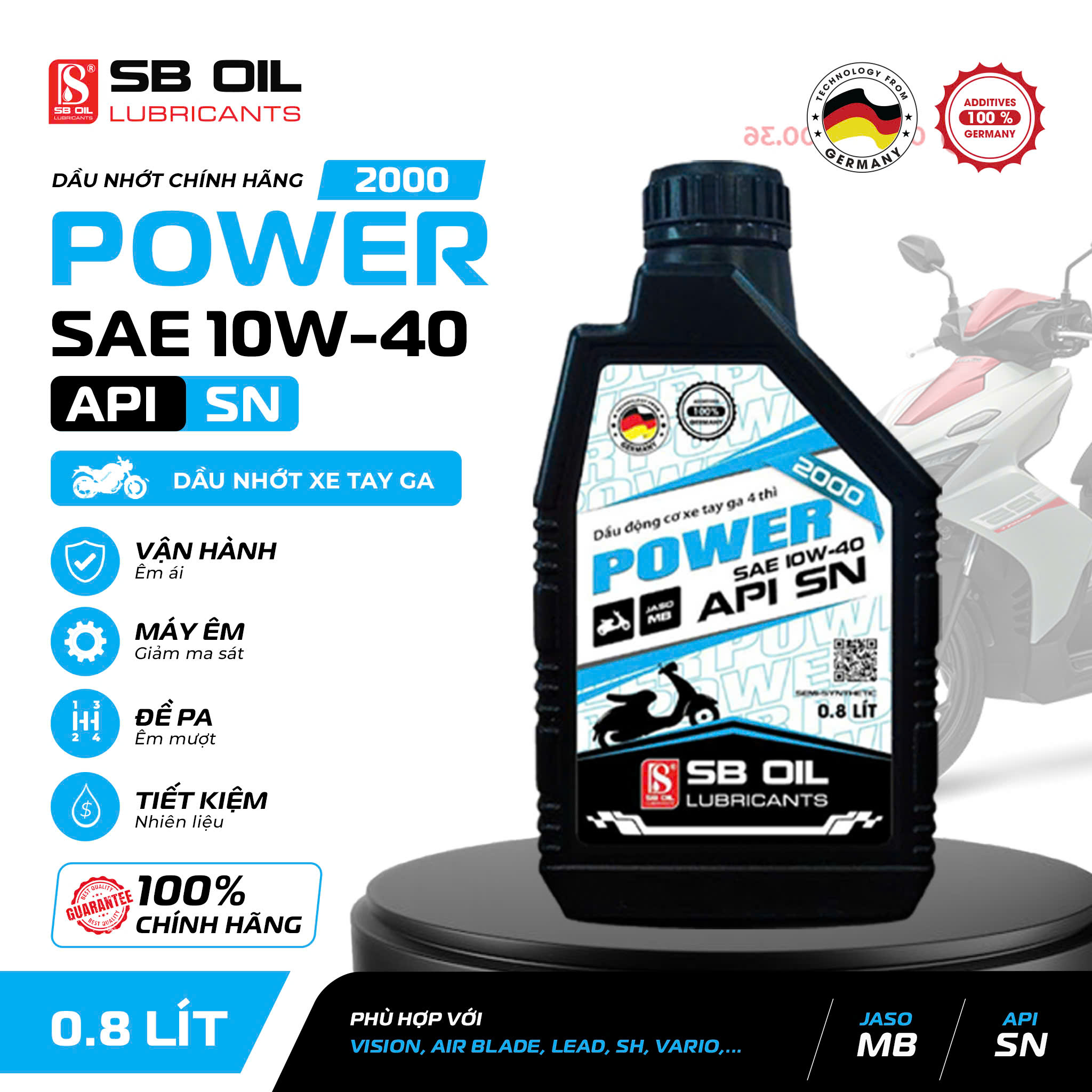 Scooter Lubricant Oil Sb Oil Power 2000 10W40 Api Sn Jaso Mb 0.8L, Lubricant Oil That Helps the Vehicle's Engine Run More Smoothly Giá 135,000 Đồng*Miễn phí vận chuyển